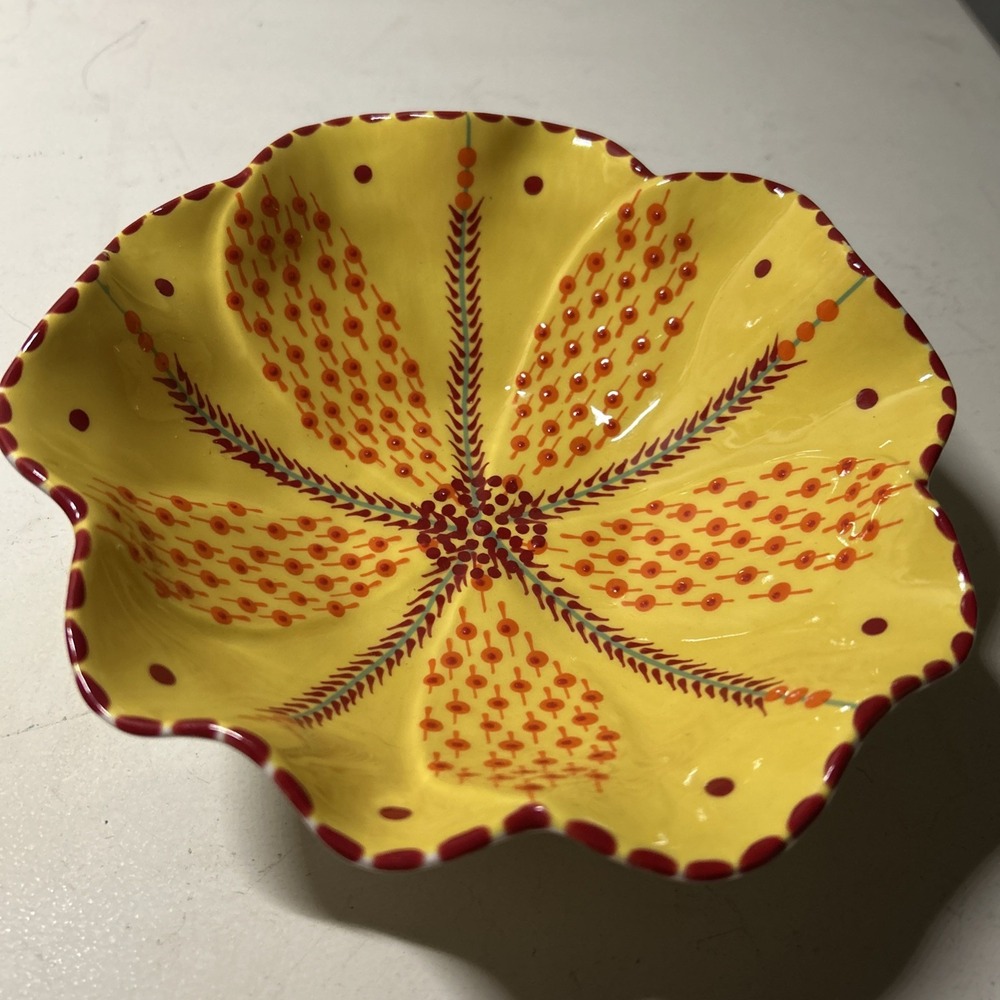 Potters Workshop Tulip Poppy Bowl Yellow/Red Wavy Edge Handpainted Africa PO18
